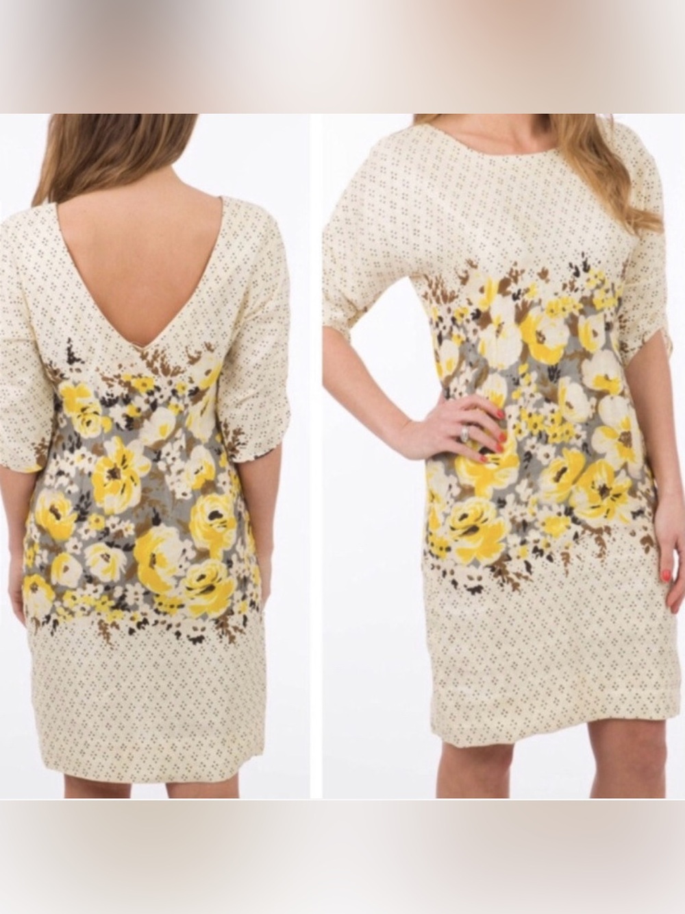 Meadow Rue Cream Dress with Yellow Floral V-Back
